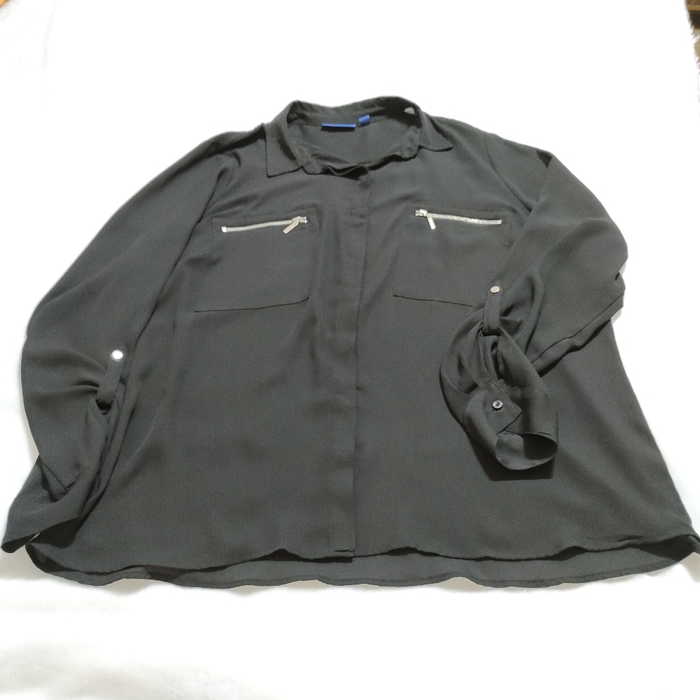 Apartment 9 XXL Semi Sheer Blouse Zipper Pockets Collared Cuff Up Long Sleeves